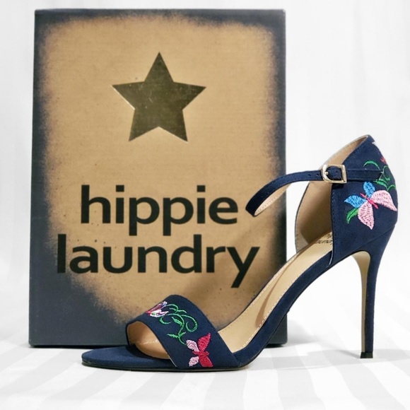 hippie laundry Shoes - Embroidered Floral Blue Sandal Heel Ankle Strap 10